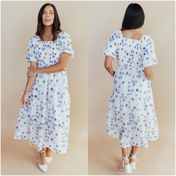 POLAGRAM Maylene Blue Floral Smocked Dress - Picture 1 of 6